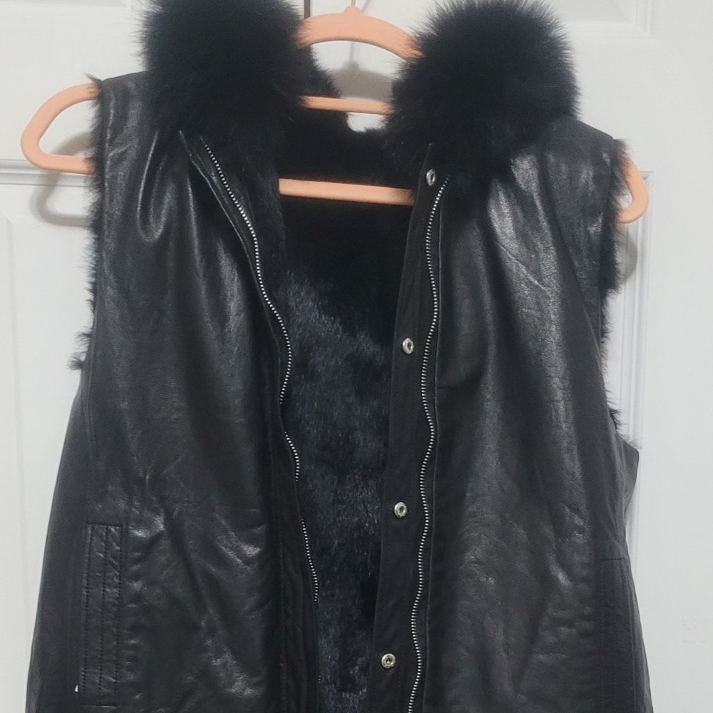 Leather and Fur Reversable Hooded Vest